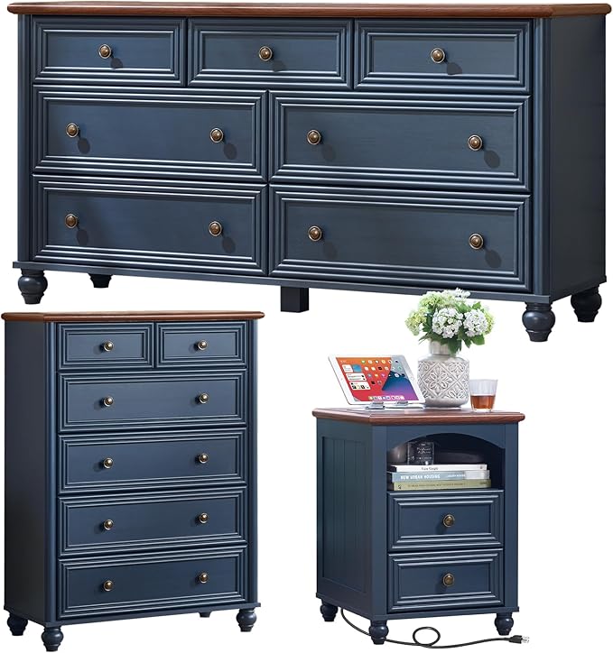 Farmhouse Dressers & Night Stand Set of 3, Wood 54" Wide Dresser & 43.5"Tall Chest of Drawers, 18" with Charging Station Nightstand, Bedroom Furniture 7 Drawer Dresser Set for Home Living Room Hallway