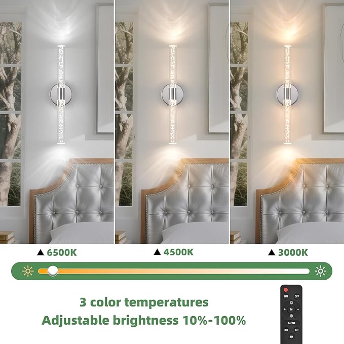 Silver Wall Light LED Battery Operated Wall Sconces(2 Pack), 20-Inch Dimmable Crystal Wall Sconce, Rechargeable Chrome Bubble Wall Lights, Wireless Wall Lamp for Bedroom, Living Room