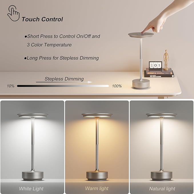 2 Pack Rechargeable Cordless Table Lamps, Portable 5000mAh Battery Table Light, 3 Color Stepless Dimming LED Table Light with Memory Function, for Outdoor/Dinner/Patio/Restaurant.(Silver)