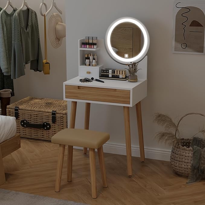 ARTETHYS Small Vanity Desk Set with 3 Adjustable Lighted Mirror and Storage Shelf White Tiny Makeup Vanities Set with Drawer for Bedroom 24 Inch Compact Dressing Table for Mini Space