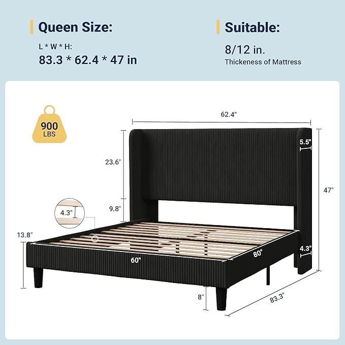 Allewie Queen Size Bed Frame with Upholstered Wingback Headboard, Vertical Channel Tufted Corduroy Velvet Platform Bed, Strong Wooden Slats Support, No Box Spring Needed, Easy Assembly, Sturdy, Black