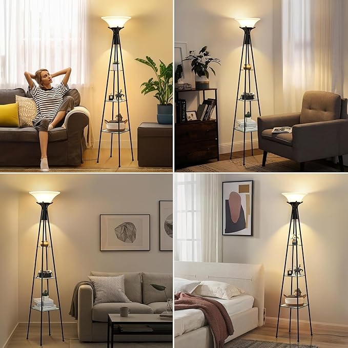 Floor Lamp with Shelves, 69” Tall Shelf Lamp with Remote Control, 3-Tier Glass Shelf Lamp, Dimmable Torchiere Floor Lamps for Living Room, Bedroom, Home Office, 3 Color Temperatures Bulbs Included