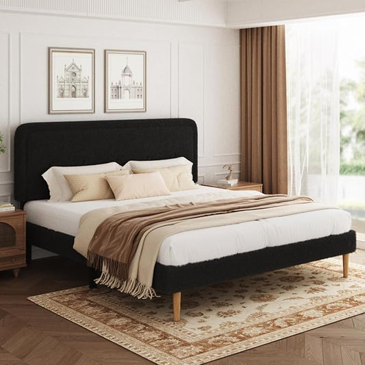 Queen Size Boucle Platform Bed Frame, Anti-Collision Soft Rounded Corners, Adjustable Headboard, No Box Spring Needed, Easy Assembly, Noise Free, Dark Grey