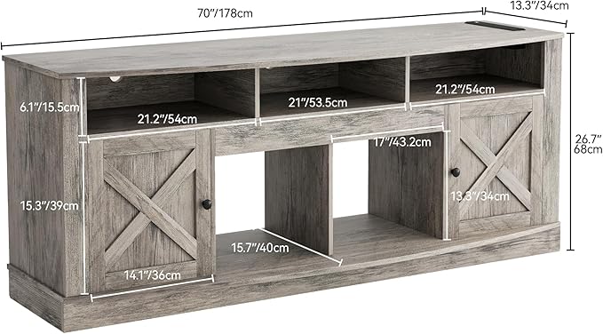 DWVO TV Stand for 75/80 Inch TV, Entertainment Center, LED Light Media Console, TV Cabinet with Barn Doors and Power Outlet for Living Room, Washed Grey