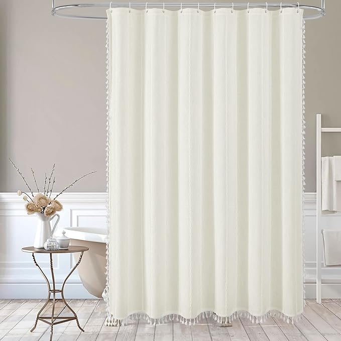 MitoVilla White Shower Curtain 72 x 78, Boho Farmhouse 78 inch Long Polyester Linen Tassel Ultra Thick Heavy Duty Fabric Shower Curtains for Chic Cottagecore French Rustic Bathroom Decor Ivory