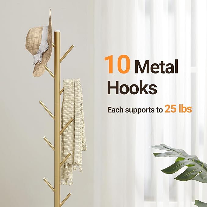 ELYKEN Coat Rack Freestanding with Natural Marble Base, Metal Coat Rack Stand with 10 Hooks, 3 Adjustable Size Coat Tree for Bags, Clothes, and Hats for Entryway, Bedroom, Hallway, Office, Gold