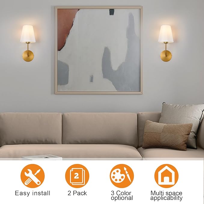 Antique Brass Hardwired Wall Sconce Set of 2 - Matte Gold Finish with White Fabric Shades，Bedroom Lighting, Living Room, Farmhouse, Fireplace, Hallway, Bedside Lamp,bathroom Hardwired Wall Lights