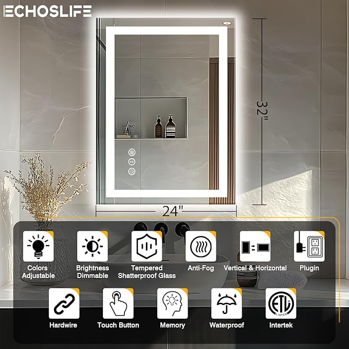 24"x32" LED Bathroom Mirrors for Wall, Front and Backlit Mirror, Anti-Fog Vanity Mirror with Lights, Stepless Dimmable Lighted Mirror, 3 Colors Smart Mirror (Horizontal/Vertical)