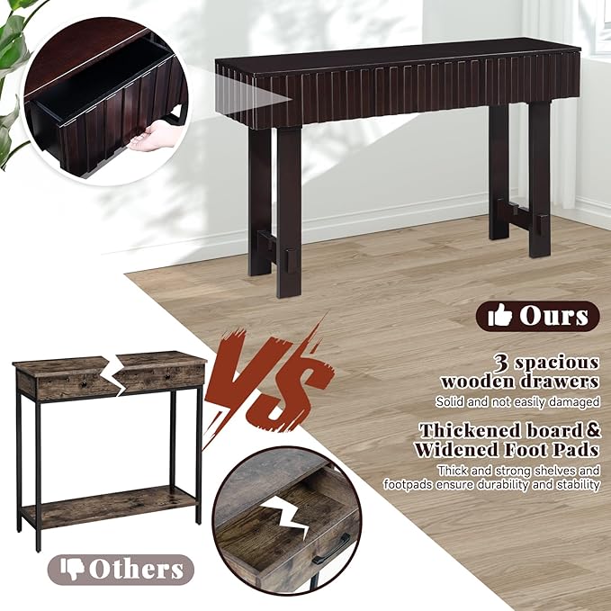 52" Console Table, Solid Wood Fluted Sofa Table Behind The Couch, Mid Century Farmhouse Entryway Table with 3 Drawers for Entrance, Hallway, Living Room, Foyer (Espresso)