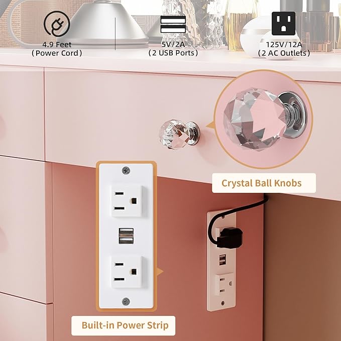 VOWNER Vanity with Lighted Mirror - Makeup Vanity Desk with Power Outlet and 9 Drawers, 3 Color Lighting Modes Adjustable Brightness, 43" Vanity Table with Soft Cushioned Stool for Bedroom, Pink