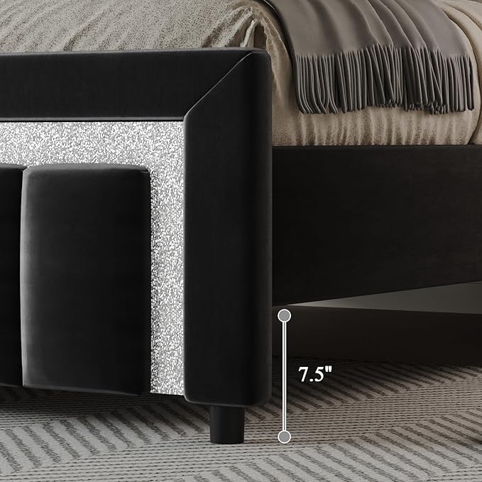 HOMBCK Twin Bed Frame with Headboard and Footboard, Upholstered Bed with Diamond Velvet Design, Kids Bed Frame with Wooden Slats Support, No Box Spring Needed, Easy Assembly, Black