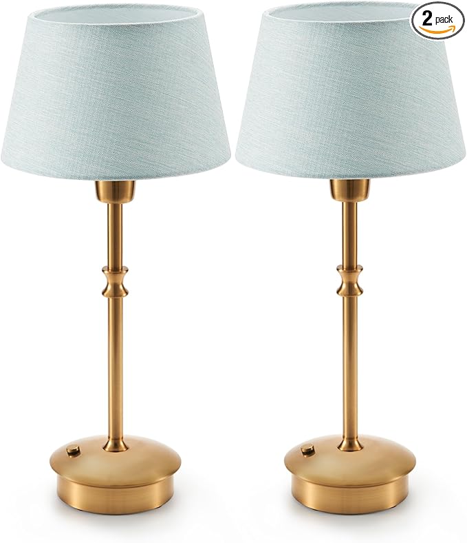 UMEXUS Small Cordless Lamp Rechargeable Table Lamps Set of 2, Dimmable Battery Operated Lights, Portable Accent Light for Side Table Restaurant Dining Outdoor, Blue Fabric Shade, Antique Brass