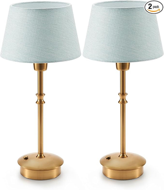 UMEXUS Small Cordless Lamp Rechargeable Table Lamps Set of 2, Dimmable Battery Operated Lights, Portable Accent Light for Side Table Restaurant Dining Outdoor, Blue Fabric Shade, Antique Brass