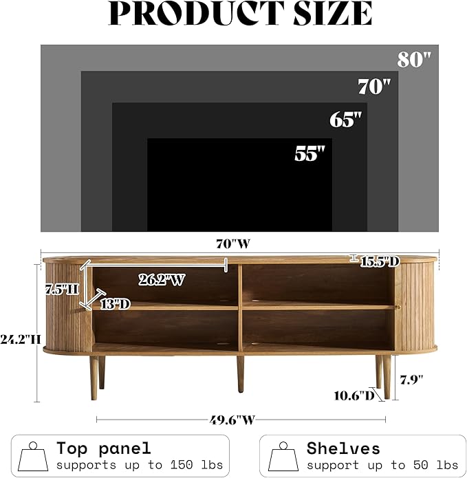 AMERLIFE 70" TV Stand with Solid Wood Legs, Mid Century Modern TV Console with Tambour Door for 80-inch TV, Dust-Proof Storage Cabinet for Living Room, Natural Oak