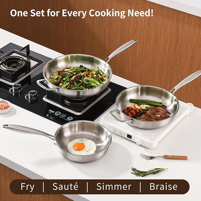 10-Inch Tri-Ply Stainless Steel Pan, PFOA and PTFE-Free Skillet Griddle, Stainless Steel Pan Set with Lid for the Kitchen, Induction-Compatible Cookware Sets, Dishwasher and Oven Safe