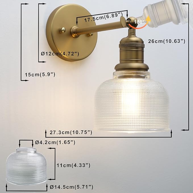 Yosoan Brass Gold Boho Vintage Wall Sconce with Striped Bowl Shade, 1-Light Modern Vanity Industrial Wall Mounted Hardwired Texture Glass Shade for Living Room Bedroom Fireplace Hallway(Antique)