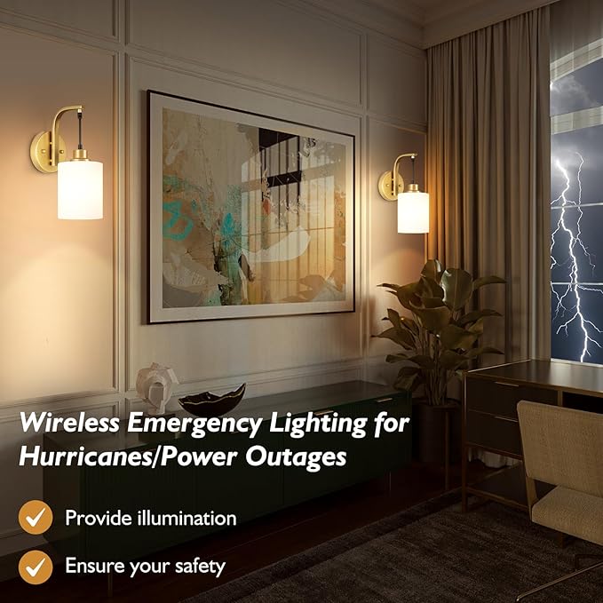 Gold Wireless Rechargeable Wall Sconce Set of Two, 15Colors Battery Operated Wall Lights, 2 Milky Glass Wall Lamps with Remote and Dimmable Bulbs, Indoor Sconces Wall Decor for Bedroom Living Room