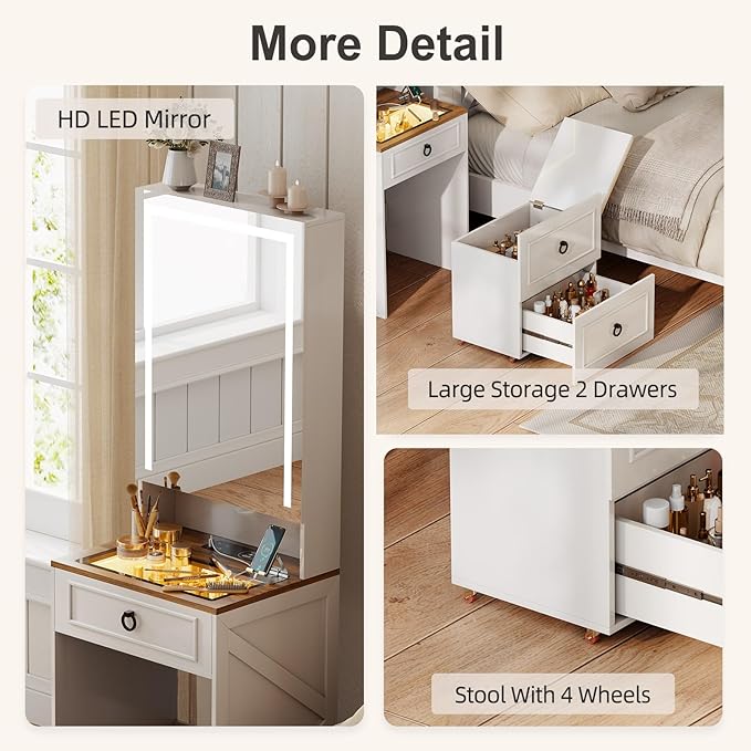 Makeup Vanity Desk with Mirror and Lights,Small Vanity Desk Set with Charging Station & Glass Top,Compact Dressing Table with Jewelry Cabinet & Storage Wheel Stool for Bedroom, White