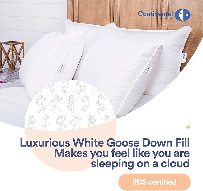 Continental Bedding Luxury Down Pillows Queen Size Pack of 1 - Family Made in New York - Cool Breathable Bed Pillows for Sleeping, Back, Side, Stomach Sleepers – 700 FP, Medium