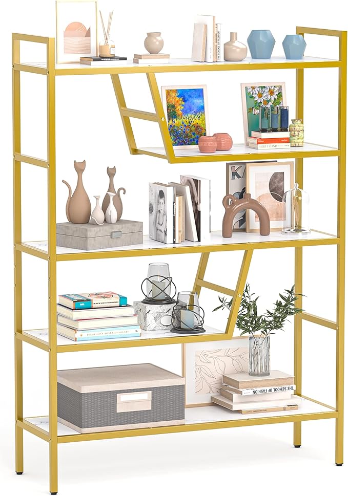Teraves 5-Tier Adjustable Bookshelf Wood Bookcase with Metal Frame Book Shelf Organizer for Living Room/Bedroom/Study Room,46 Variants