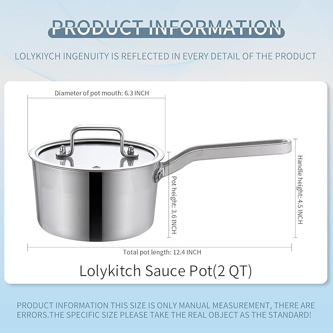 LOLYKITCH Tri-Ply Stainless Steel 2QT Saucepan with Glass Lid, Contemporary Design with Ergonomic Handle, Multipurpose Sauce Pan with Lid, Sauce Pot