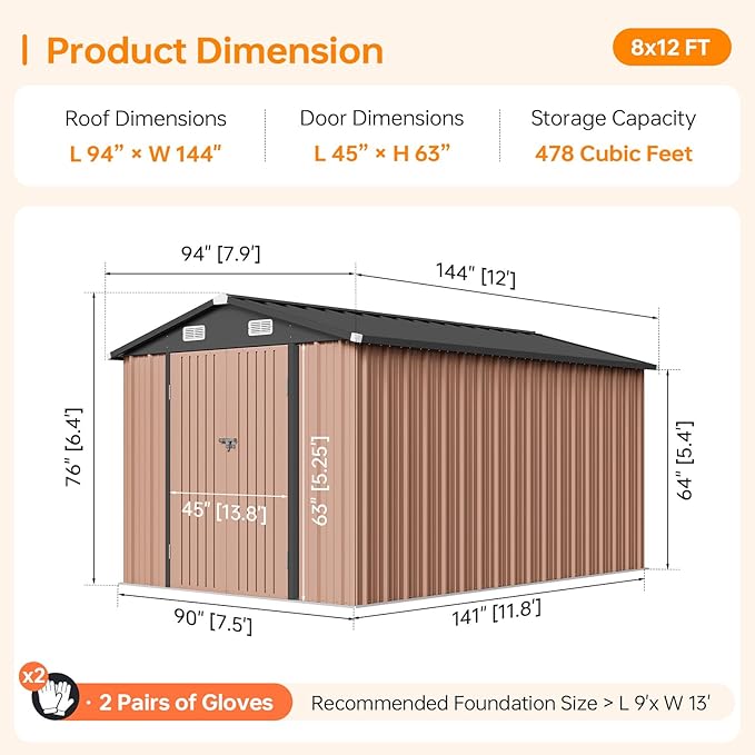 8x12 FT Outdoor Storage Shed, Utility Steel Tool Shed with Lockable Door and Air Vents, Galvanized Metal Shed for Garden Backyard Patio Lawn (8'x12', Brown)