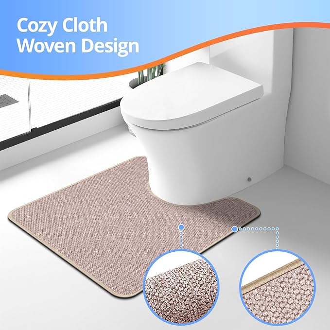 Toilet Rugs U Shaped Washable 24x20, Ultra Thin Toilet Rug Super Absorbent, Toilet Mat Rubber Backing Non-Slip, Toilet Mats Machine Washable Dry Quickly, Contour Bathroom Rugs for Toilet-Biege