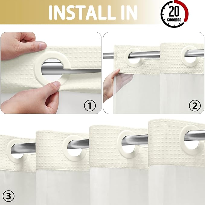 YellyHommy No Hook Shower Curtain with Snap in Liner Set Less Waffle Shower Curtain for Bathroom (Cream, 81" L x 72" W)