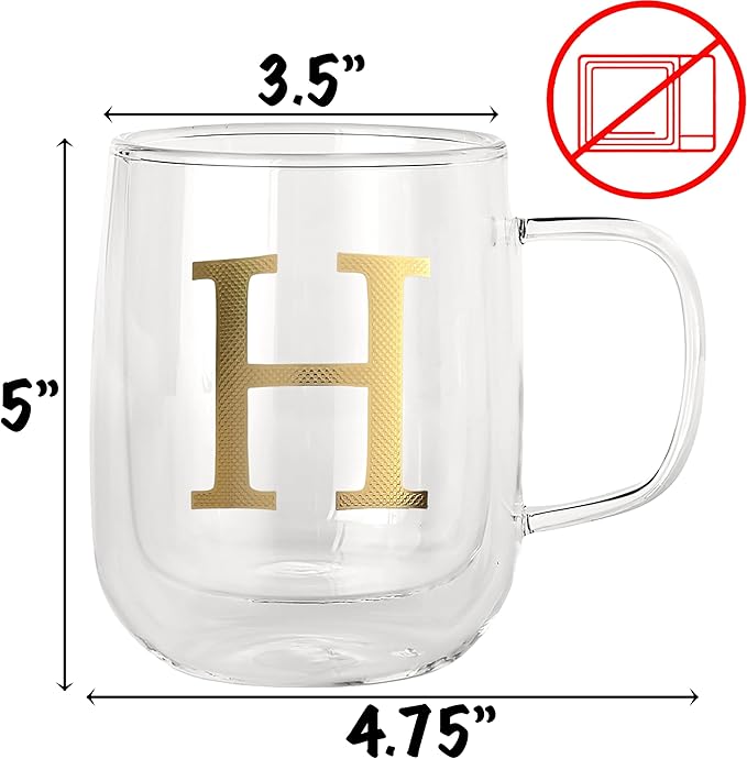 COLLECTIVE HOME - Double Walled Glass Coffee Mugs, Insulated Coffee Mug with Handle, Personalized Gifts for Women, Men, Christmas, 14 oz Monogram Cups (H)