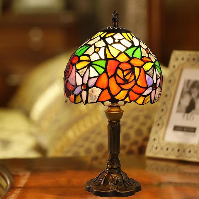 Rose Tiffany Small Table Lamp 3 Way Color Temperatures Stained Glass Bedside Nightstand Table Lamps for Living Room,Bedroom, Home Office Reading Desk Lamp+LED Bulb,8X8X15 Inch