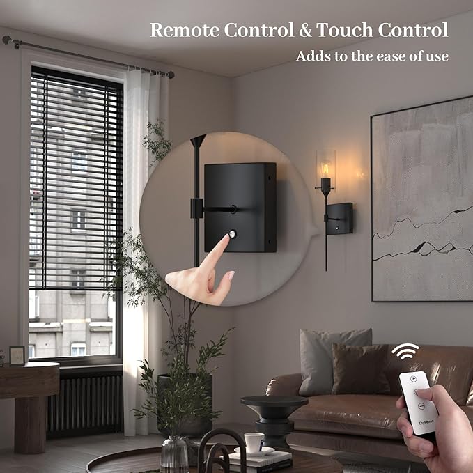 Battery Operated Wall Sconce with Remote Control, Dimmable Wall Lamp Set of 2 Rechargeable, Black Wireless Wall Mount Light for Living Room Bedroom Hallway Farmhouse, Bulb Included