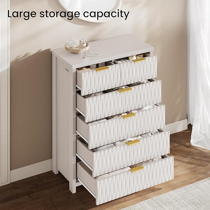 6 Drawers Dresser, 43.7" Tall Drawers for Bedroom, Extra-Thick Tabletop & Frame, Modern Chest of Wood Drawer Organizer for Bedroom, Living Room, Hallway, Closet, Beigewhite