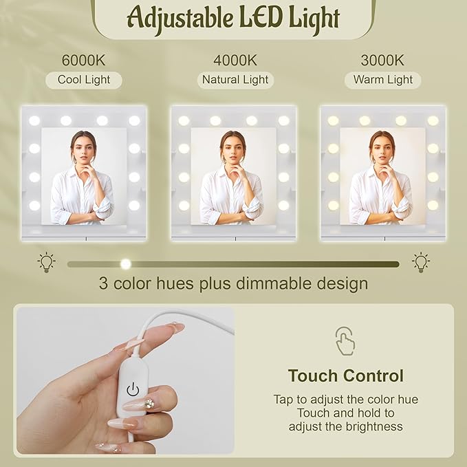 YESHOMY Vanity Desk with Mirror, Makeup Table with 2 Large Drawers, Power Outlet and Round Holder, 3 Color Modes Adjustable Bulb, Bench Included, White