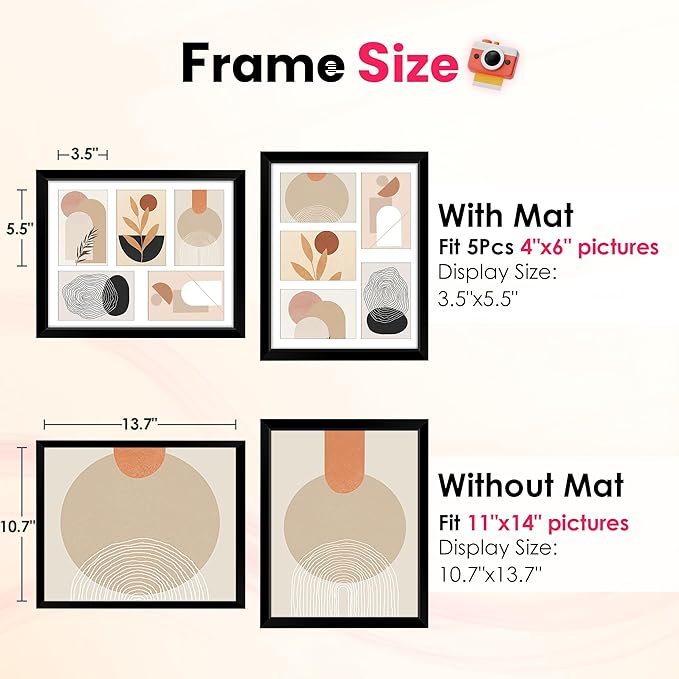 FIXSMITH 11x14 Picture Frames Collage Wall Decor, Display 5 Pcs 4x6 Photos with Mat or 1 Pack 11x14 Poster without Mat, 4x6 Multiple Picture Frames, Family Collage Picture Frame, 2 Pack Black Frames