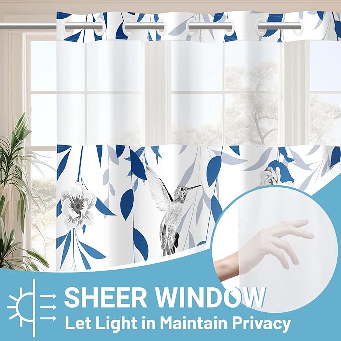 No Hook Shower Curtain with Snap in Liner - Fabric Waterproof Inner Liner, Plants Blue Floral Grey Nature Birds Cloth Shower Curtains Washable, 71 x 74 Inch