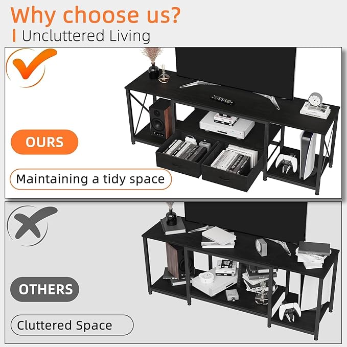 TV Stand with Fabric Drawer for 50 55 Inches TV - Entertainment Center and Industrial TV Console Table with Open Storage Shelves for Living Room, Bedroom - 47" Black