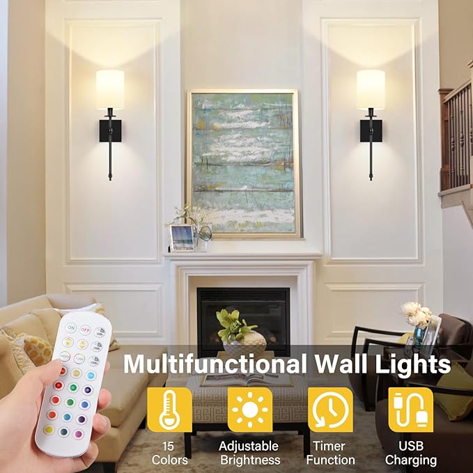 19.9 Inch Black Battery Operated Wall Sconces Set of 2, Rechargeable Wireless Wall Lights with Remote & White Fabric Shade, Indoor Not Hardwired Dimmable Wall Lamps for Living Room, 2 Bulbs Included