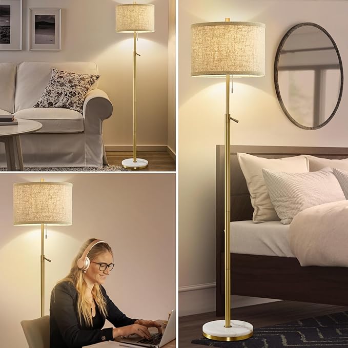 GyroVu Marble Floor Lamp, Adjustable Height Standing Lamp with Marble Base Tall Lamp with Pull Chain Switch Floor Lamps for Living Room, Bedroom & Office Bulbs Not Included(Gold)
