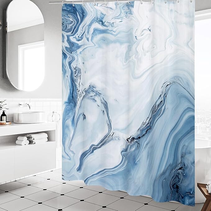 MitoVilla Blue Marble Shower Curtain, Modern Ombre Fabric Cloth Shower Curtains for Luxury Bathroom Decor, Abstract Chic Summer Watercolor Shower Curtain, 72x72
