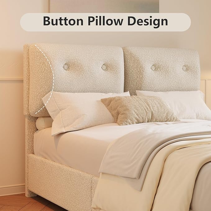 Queen Bed Frames,Breathable Boucle Fabric Upholstered Bed Frame with Headboard,Removable and Washable,Wood Slat Support,No Box Spring Needed,Easy Assembly,Beige