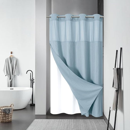 Teal No Hook Waffle Weave Shower Curtain with snap-in Liner Replacement, 230GSM Waterproof Fabric Hotel Shower Curtain Set for Bathroom, Through Mesh Top Window,54Wx80H