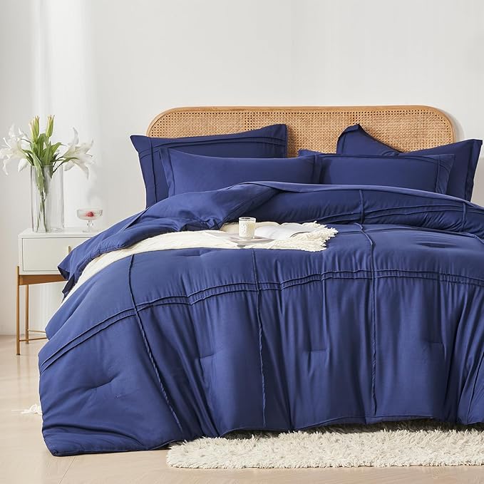 Yogeneg King Size Comforter Set 7 Piece Bed in a Bag,Grid Pinch Pleat Navy Blue Bedding Set,Striped Textured Soft Microfiber Comforter with Sheet Set,All Season Complete Bed Set(Navy Blue,King)