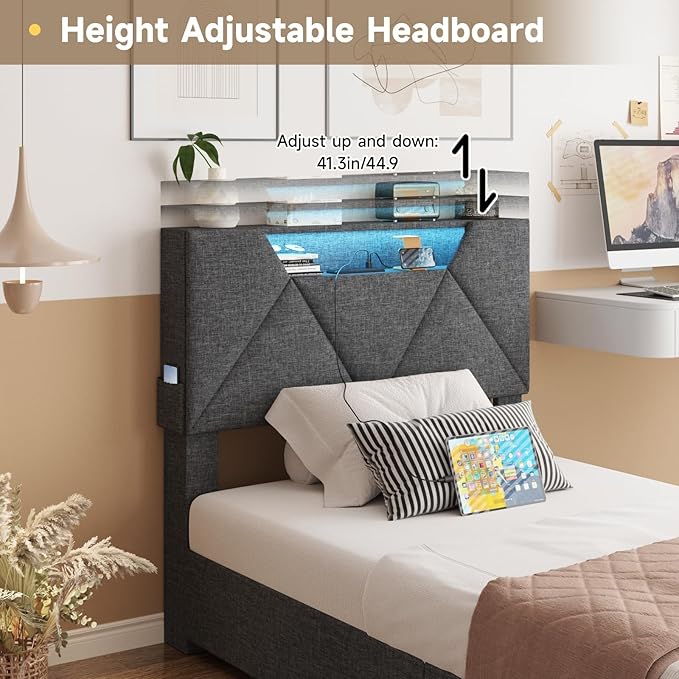 Vabches Twin Bed Frame with Storage Headboard and 4 Drawers,Upholstered Platform with Charging Station and Led Lights,Adjustable Headboard,No Box Spring Needed,Dark Grey