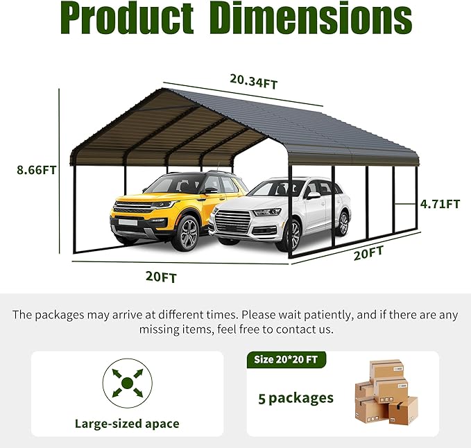 Durable 20x20 FT Metal Carport Heavy Duty for 2 Cars - Large Garage Shelter Solution, Safe Boat Cover Canopy for Outdoor, Galvanized Steel Roof & Frame Car Ports for Yard