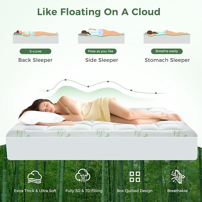 HYLEORY Mattress Topper Queen Size - Thick Bamboo-Viscose Cooling Pillow Top Mattress Pad Breathable Fluffy Soft Mattress Cover with 8-21" Deep Pocket, Green