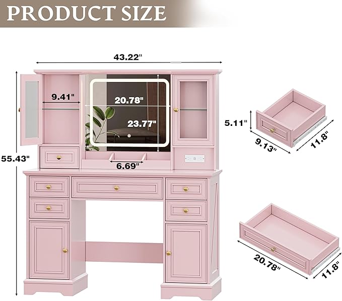 Vanity Desk with HD Lighted Mirror & Power Outlet, Farmhouse Makeup Vanity Table Set with Storage Drawers & RGB Cabinets, Large Dressing Table with 3 Lighting Modes for Women Girls Kids Bedroom, Pink