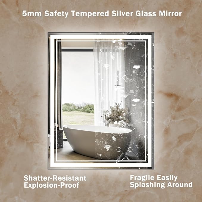 28" x 36" LED Bathroom Mirror with Lights Black Framed LED Mirror for Bathroom Lighted Bathroom Mirror Backlit and Front Black Aluminum Frame Anti-Fog Dimmable Vanity Smart Memory