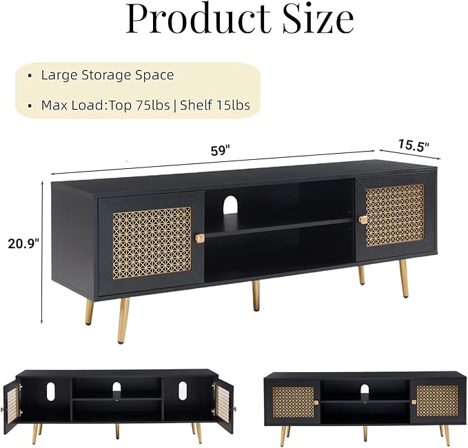 Modern TV Stand with Storage Cabinet for Living Room, Entertainment Center for TVs up to 65", Mid Century Media Console, Black