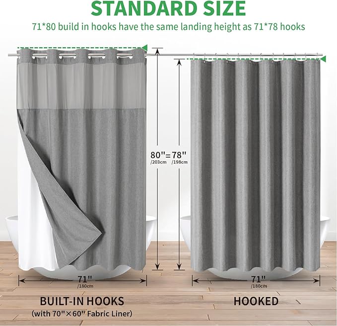 Long No Hooks Needed Linen Textured Shower Curtain with Snap-in Fabric Liner Set,Grey Hotel Luxury Decor Shower Curtains for Bathroom,Waterproof & Washable,71Wx80H