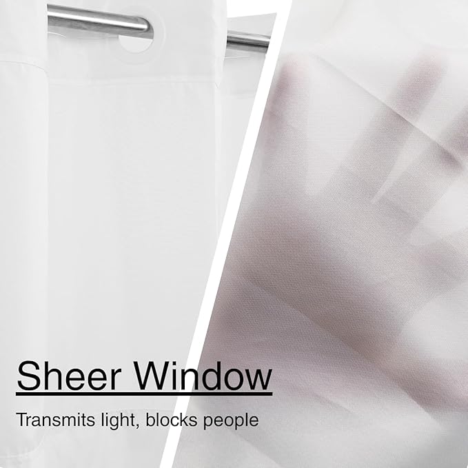 No Hook Shower Curtain with Snap in Liner, White and Green Striped Heavy Duty See Through Window Waterproof Machine Washable Bathroom Curtain 71" W x 74" L (Pack of 1)